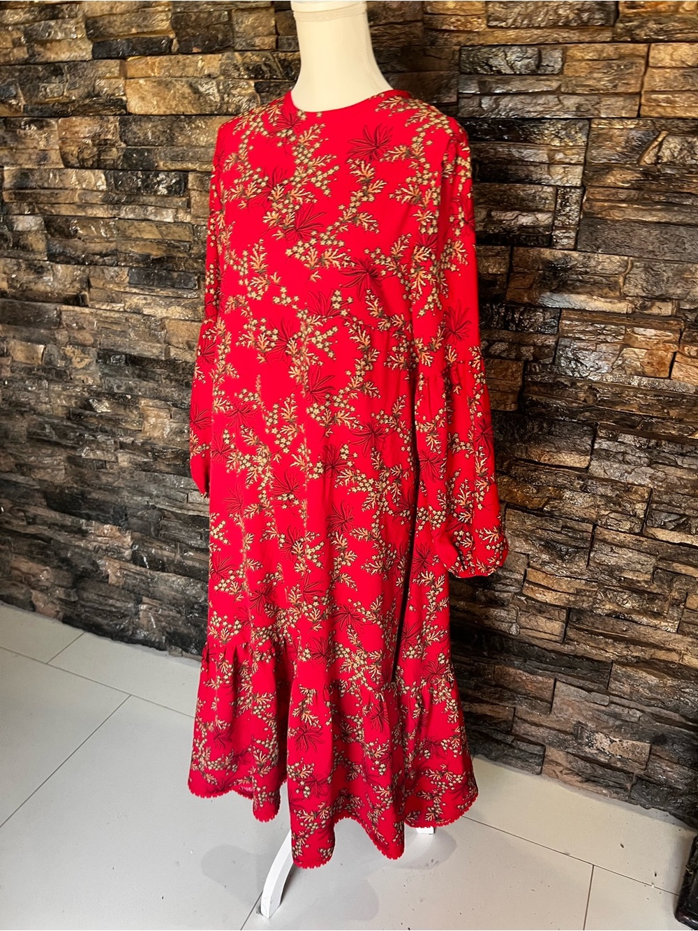 Red Floral Long-Sleeve Midi Dress homemade - Picture 2 of 10